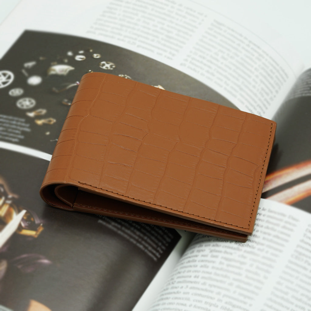 Portofel Slim din Piele cu Imprimeu Crocodil, Cognac Mat