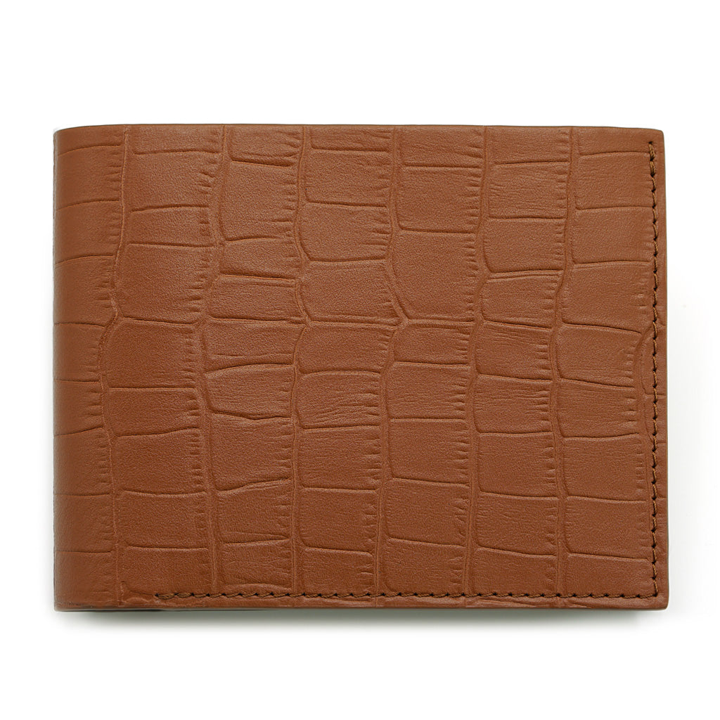 Portofel Slim din Piele cu Imprimeu Crocodil, Cognac Mat