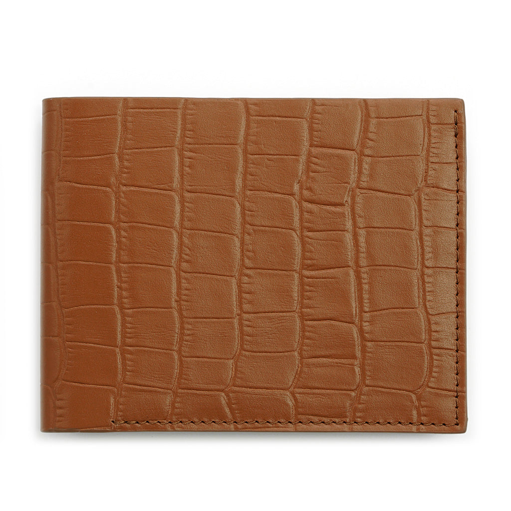 Portofel Slim din Piele cu Imprimeu Crocodil, Cognac Mat