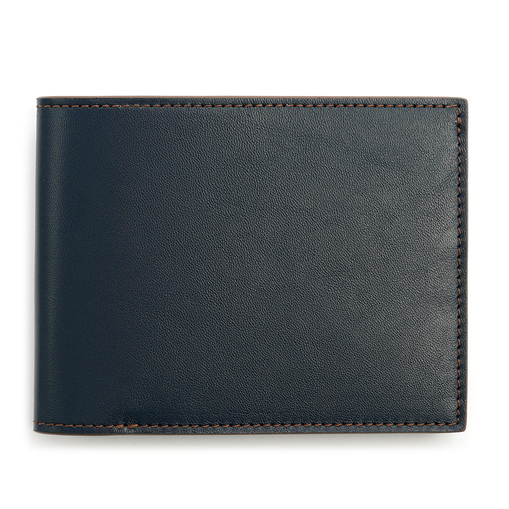 Portofel Slim din Piele Full-Grain Albastru Navy, Contrast Cognac
