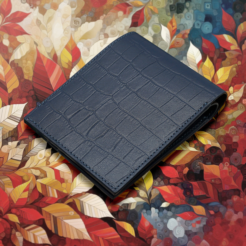 Portofel Slim din Piele cu Imprimeu Crocodil, Albastru Navy Mat