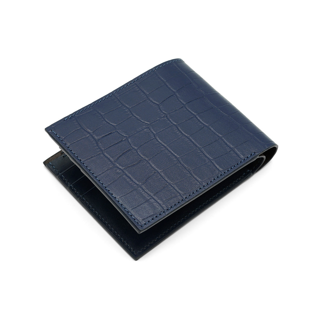 Portofel Slim din Piele cu Imprimeu Crocodil, Albastru Navy Mat