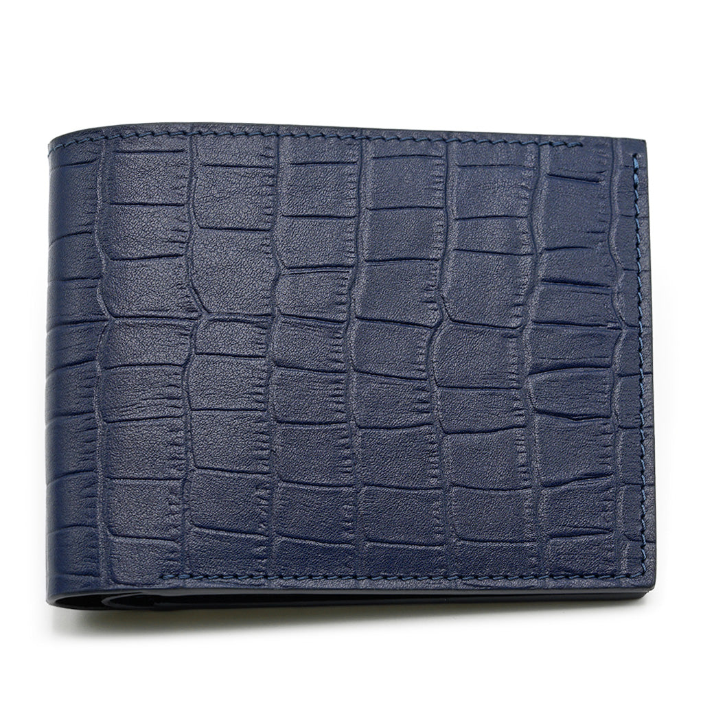 Portofel Slim din Piele cu Imprimeu Crocodil, Albastru Navy Mat