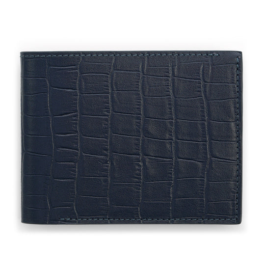 Portofel Slim din Piele cu Imprimeu Crocodil, Albastru Navy Mat