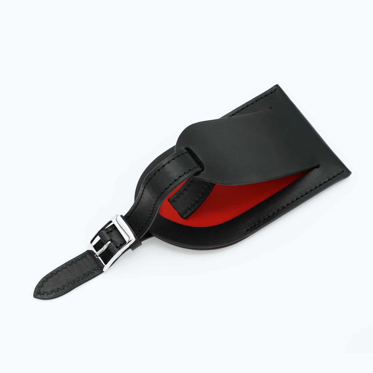 Tag Eticheta pentru Bagaje din Piele Full-Grain Neagra, Contrast Rosu