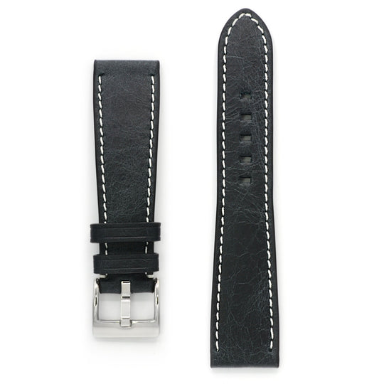 Curea de Ceas din Piele, Negru Antichizat, Cusuta in Contrast