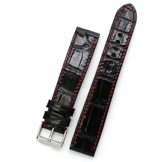 PRECOMANDA Curea de Ceas din Piele de Aligator Neagra cu Solzi Rectangulari, Cusatura in Contrast